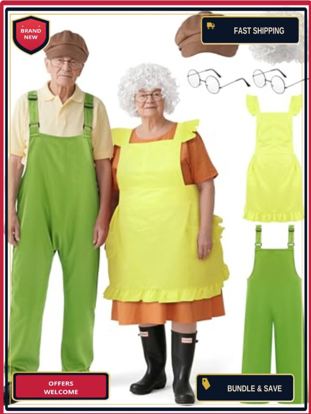 Halloween Old Man Granny Costume Set Wig Hat Glasses Overalls Apron